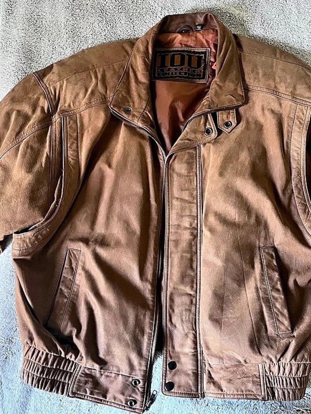 IOU Men's Large Brown Leather Bomber Jacket